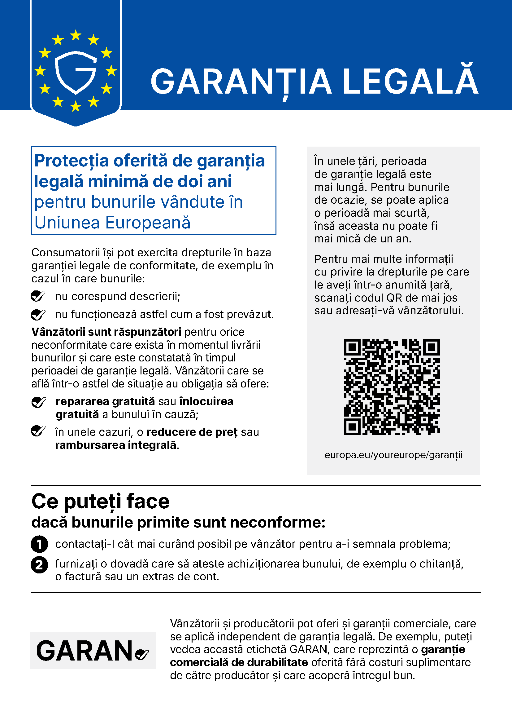 Notificare UE privind garanția legală de conformitate